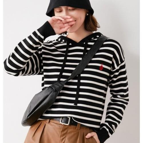 2021 woman winter 100% Cashmere striped sweaters auntmun knitted Pullovers High Quality Warm Female Hooded Black cheap top