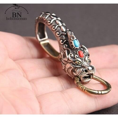 Chinese Beast Dragon Keychain Brass Metal Keyring Men Belt Waist Buckle Hanging Jewelry Car Key Chain Ring Luxury Husband Gifts