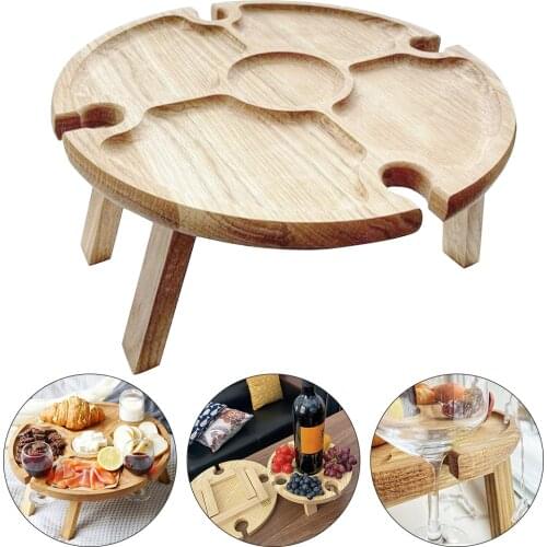 Wooden Portable Outdoor Wine Table Folding Outdoor Picnic Wine Table Wood Round Desktop Travel Beach Garden Furniture Sets