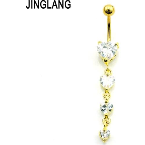 JINGLANG Fashion Gold Color Belly Button Rings 316L Surgical Steel Barbell Dangle Rhinestone Heart Navel Piercing Jewelry