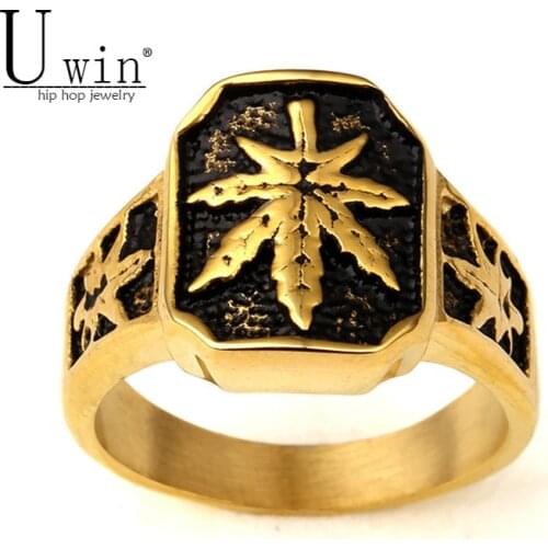 UWIN Men Stainless steel Ring Hip hop Punk Style Gold Color Black Oil Maple Leaf Weed Rings Jewelry Size 8/9/10/11/12