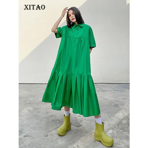 XITAO Fashion New Solid Color Splicing Dress Casual Loose Turn-down Collar Simplicity All-match 2021 Summer Trendy ZY5784