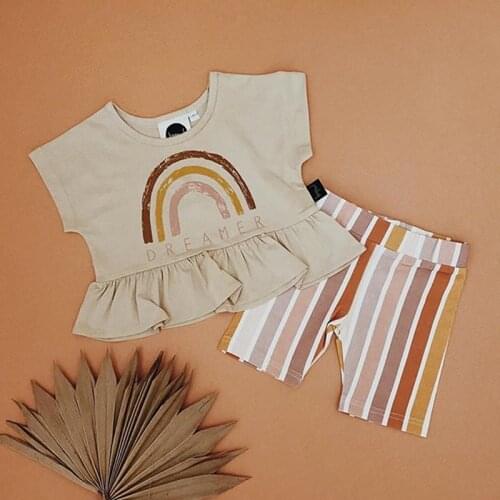 2Pcs Infant Girls Summer Outfits Baby Girls Rainbow Letter Print Short Sleeve Round Neck Ruffle T-shirt+Striped Shorts Kids Suit