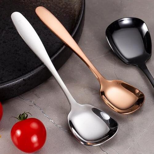 1Pcs 304 Creative Stainless Steel Cutlery Square Head Flat Bottom Stainless Steel Spoon Chinese Dessert Spoon Student Soup Spoon