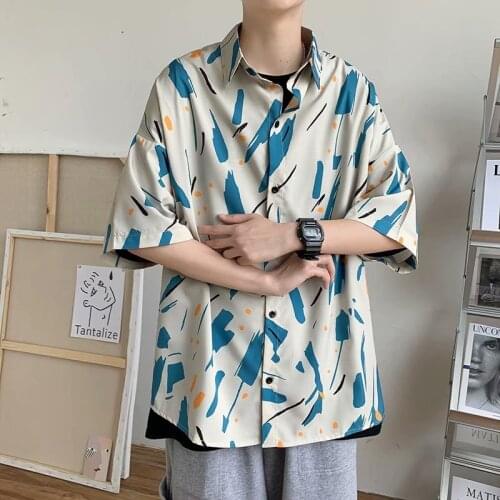 Randomly dyed short-sleeved shirt mens tide brand loose summer beach couple flower shirt ins trend casual half-sleeved jacket
