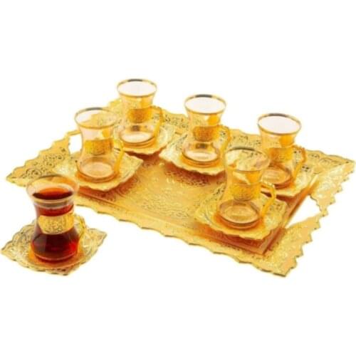 Set Of 6 Tea Glasses with Holders Saucers 1 Tray Gold Silver Arabic Turkish Greek Tea Authentic New Home Wedding Gift