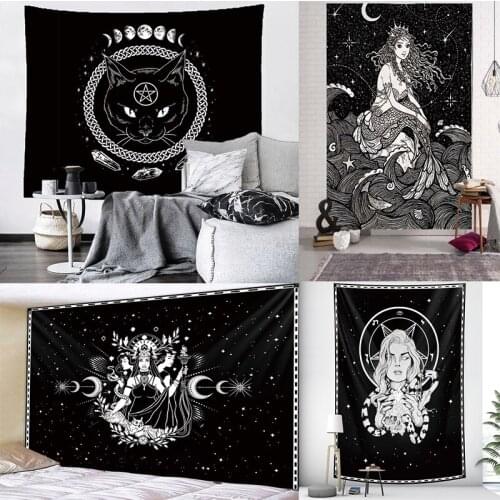 Tarot Card Black Cat Tapestry Wall Hanging Hand Hippie Moon Wolf Witchcraft Decoration Skull Decor Tapestry Wall Blanket