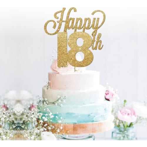 Custom Happy 18th glitter cake topper, anniversary birthday personalised gold cake topper 18, 21, 30, 40 any number colour