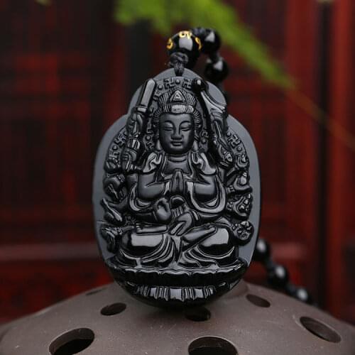 Natural light Obsidian Avalokitesvara Pendant Jewelry Necklace Zodiac rat and natal Buddha patron