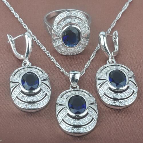 Shining Blue Zirconia Womens Silver Color Wedding Jewelry Sets Ring Necklace And Earrings Set TZ099