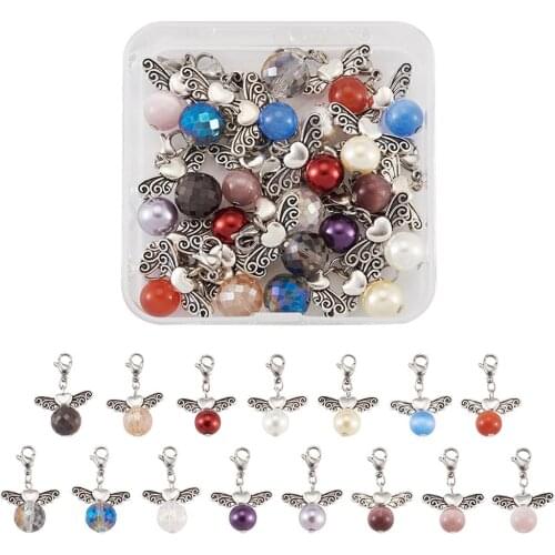 30pcs/box Glass Pearl & Cat Eye Pendants With Round with Wing Alloy Beads Mixed Color for necklace jewelry DIY making