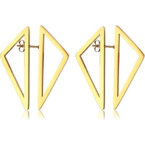 New Trendy Stainless Steel Unique Design Geometric Hollow Double triangle Stud Earrings Gold Color Female Party Gift Accessories