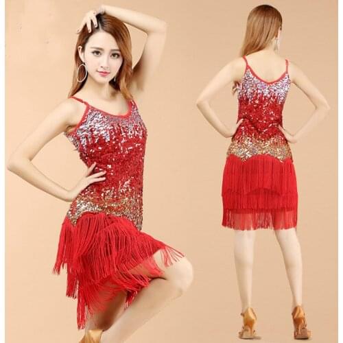 Lady Sequins Latin Dance Costume Women Shiny Party Dress Gowns Rhythm Ballroom Samba Rumba Stage Adult Fringe Latin Dance Dress