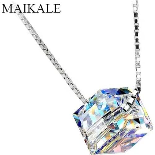 MAIKALE Luxury 925 Sterling Silver Necklaces Pendant Square Austrian Crystal Charm Necklace for Women Jewelry Simple Girls Gifts