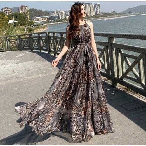 2020 chiffon leopard Print maxi dress bohemia dress full plus size celebrity/graduation/Dinner Dress Flowy Beach Sundress