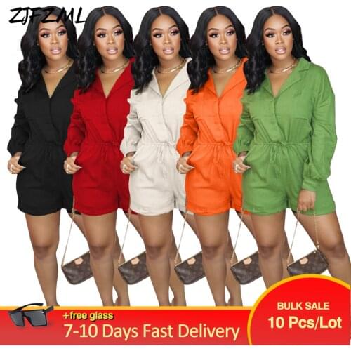 Bulk Items Wholesale Lots Women Clothing Autumn Jumpsuit Solid Long Sleeve Elastic Waist Casual Romper One Piece Short Overall
