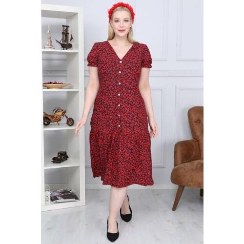 Hülya Boutique Burgundy Patterned Front Button Detail Large Size Dress Rahar Stylish Summer Season Fashion Trend Textile 46*48 Mould