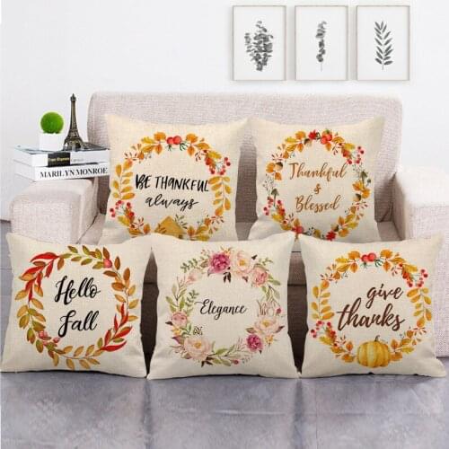 Thanksgiving Decor Cushion Cover Happy Fall Tree Leaf Wreath Linen Pillowcase Festival Party Home Decor Car Seat Cushion Cover