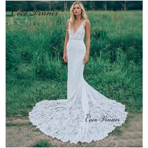 Illusion V-neck Sleeveless Embroidered Lace on Net Mermaid Sexy Backless Bridal Gown Chapel Train Dresses for Wedding W0447