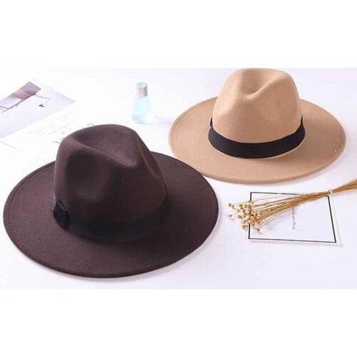 Fashion Fedora Hat With Black Belt For Women Felt Hat Men Church Caps Vintage Party Trilby Cowboy Cap Wide Brim Panama Hat