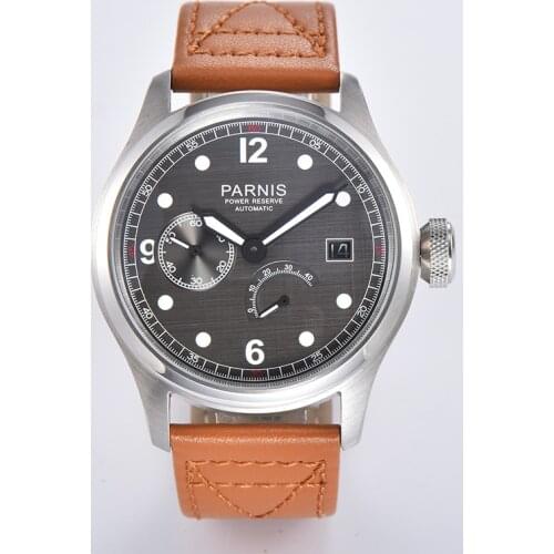 Parnis 47mm Gray Dial Automatic Mechanical Men Watch Power Reserve Leather Strap Mens Watches reloj automatico de hombre 2020