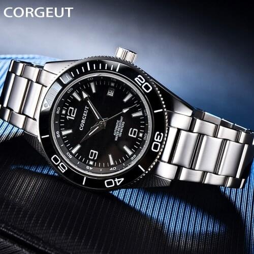 CORGEUT 41mm Black Dial Sapphire Glass Stainless Strap Ceramic Bezel Automatic Miyota Seagull movement mens watch Reloj Hombre