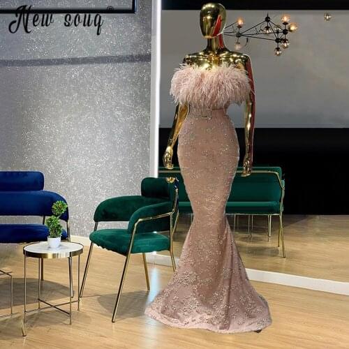 NEW Vintage Mermaid Evening Dresses Bateau Women Prom Dress Party Full -Length Pink Carpet Runaway Feather Gowns Customize