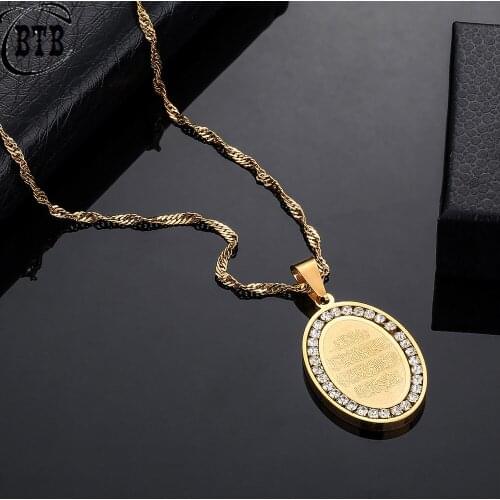Wholesale Oval Stainless Steel Quran Muslim Allah Crystal Coin Pendant Personalized Cuban Chain Jewelry Gift