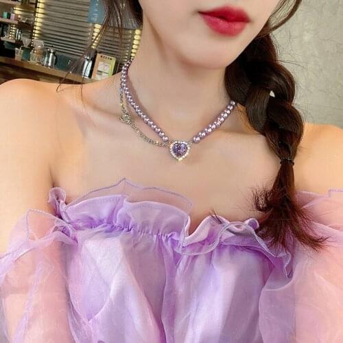 Graceful Purple Color Pearls Luxury Crystal Pendant Necklace for Women 2021 New Trendy Clavicle Necklace Party Jewelry