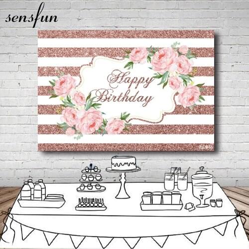 Sensfun Glitter Rose Gold And White Strips Pink Flowers Backdrops For Photo Studio Girls Lady Women Birthday Party Backgrounds