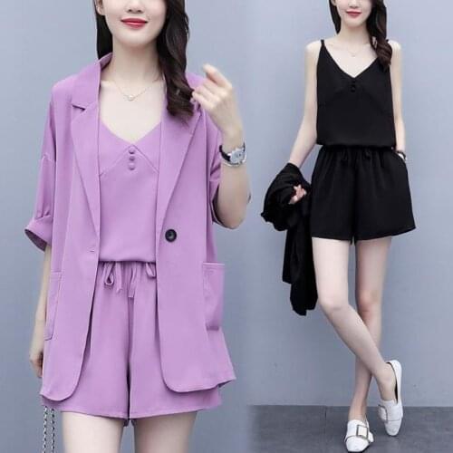Spring Summer Women Sets Loose Three Pieces Set Notched Short Sleeve Blazer + Drawstring Elastic Waist Shorts Ladies Suits Y405