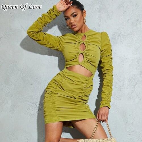 Sexy Hollow Cut Out Mini Dress 2021 Autumn Fashion Streetwear Women Long Sleeve Club Party Ruched Bodycon Dresses Y2K Outfits