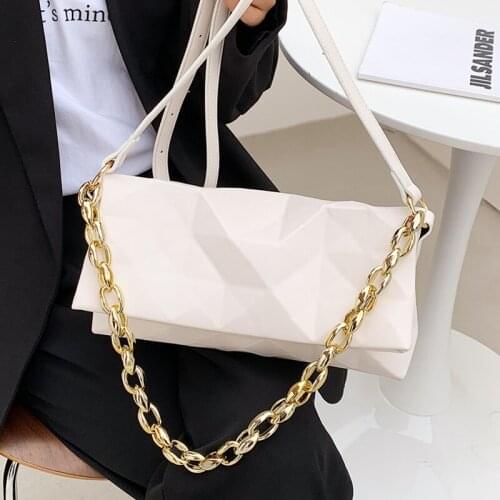 Thick Chain Pu Leather Shoulder Bags for Women 2021 Branded White Underarm Handbags and Purses Female Fold Clutch Crossbody Bag