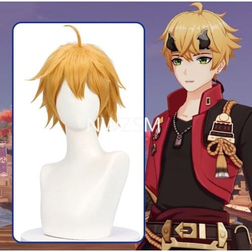 Tohma Cosplay Wig Game Genshin Impact Tohma Light Brown Ponytail Hair Peluca Anime Halloween Party Carnival Role Play Wigs