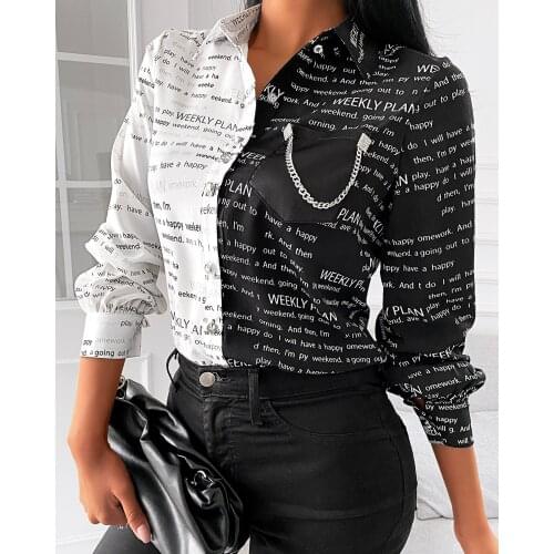 OIMG Women Letter Print Top Slim V-neck Long Sleeve Shirt Black White Contrast Button Sexy Blouse Sweatwear Outfit Xxl Dropship