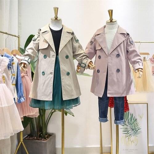 Childrens windbreaker color contrast spring lapel pointed collar embroidered coat middle length embroidered girls coat