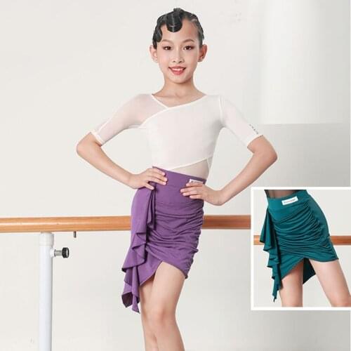 Girls Latin Dance Clothing Irregular Latin Practice Skirt Kids Professional Samba Green/Purple Training Dress Costumes DWY6170