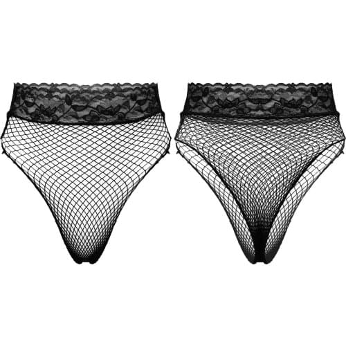Women Panties See-through Mesh Lace Waistband Briefs Low Waist Hollow Out Fishnet Underpants Underwear