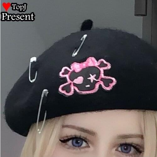 Women lady girl Harajuku Gothic Lolita cosplay sweet Lolita Punk Gothic Black Beret Hat Casual Rock Bucket Hat PINS Streetwear