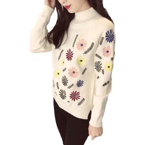 Ladies Turtleneck Sweater Women Elegant Flower Embroidery Knitting Pullovers 2020 Autumn Winter Female Short Sweater LQ480
