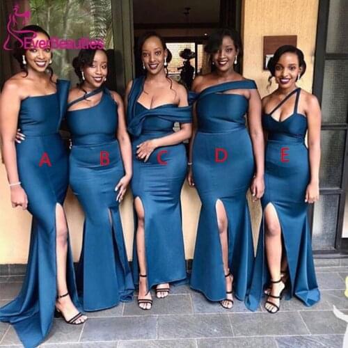 Navy Blue Sexy Mermaid Bridesmaid Dresses Satin Side Split Long Maid Of Honor Vestidos De Dama De Honor
