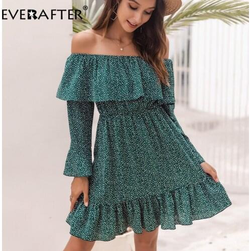 EVERAFTER Polka dot women dress sexy off shoulder bodycon long sleeve pleated streetwear casual lady midi dress Autumn holiday