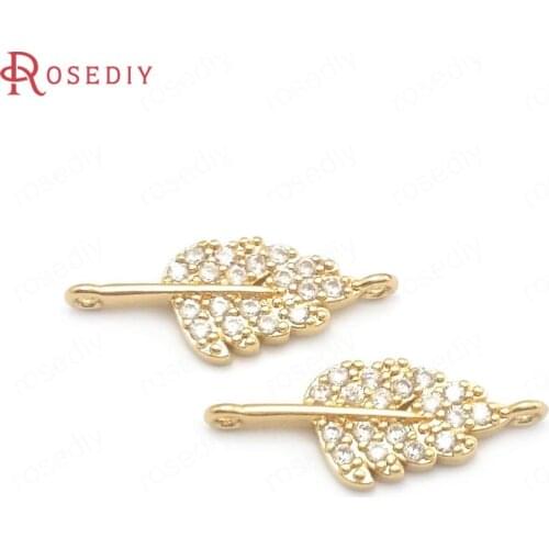 40635)10PCS 24K Champagne Gold Color Brass and Zircon 2 Holes Tree Leaf Connect Charms Pendants Diy Jewelry Making Supplies