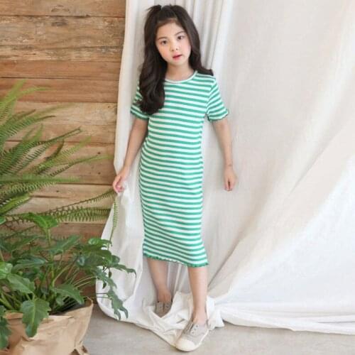 New 2020 Summer Girls Casual Dresses Kids Cotton Dress Elastic Long Style Baby Shirt Dress Toddler Stripe Dress Leisure, #8548