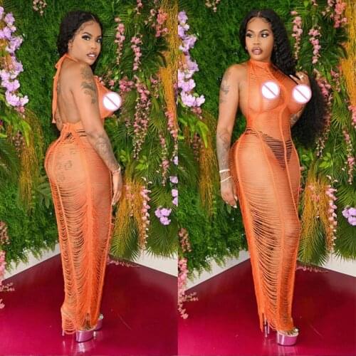 BKLD Women Halter Lace-up Open Back Sexy Bikini Cover Up Beachwear Bathing Suit Summer Hollow Out See-through Long Bodycon Dress