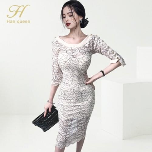 H Han Queen Elegant O-Neck Slim Pencil Dress Women Autumn Sheath Lace Dresses Simple Office Casual Party Bodycon Vestidos 2021