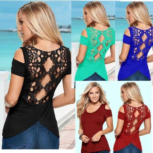 Summer New Womens Sexy Hollow Out Solid Color Short-sleeved Lace Stitching T-shirt Fashion Simple Slim Wild Irregular T-shirt