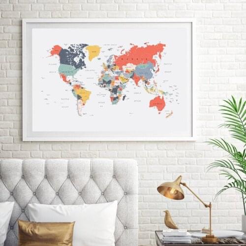 World Map Poster Print Happy Colors Wall Art Canvas Painting Coral Colorful Wall Picture for Living Room Home Decoration Cuadros