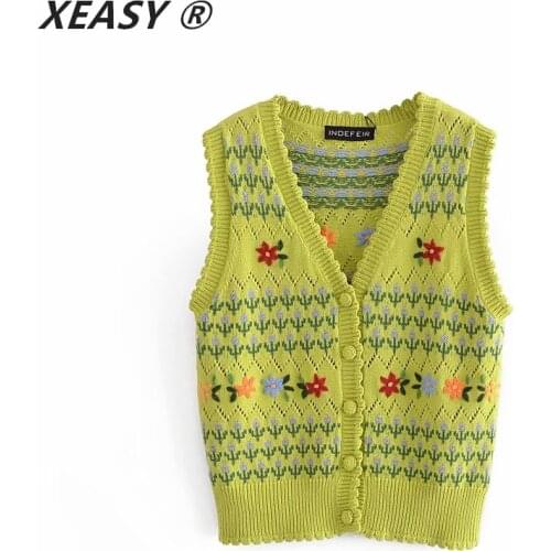 Klacwaya Women 2021 Sweet Fashion Floral Embroidery Knitted Vest Sweater Vintage V Neck Sleeveless Female Waistcoat Chic Tops
