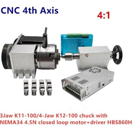 CNC 4th axis A aixs rotary axis kit：Nema 34 4.5N motor 4:1 K12-100mm 4 Jaw/K11-100mm 3 Jaw Chuck 100mm+Mt2 tailstock for router